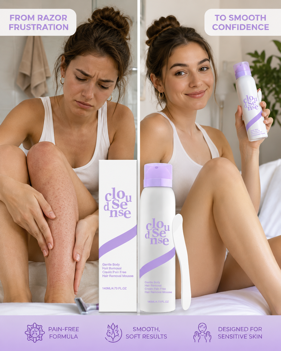 Close Sense hair removal cream — razor burn comparison and product packaging